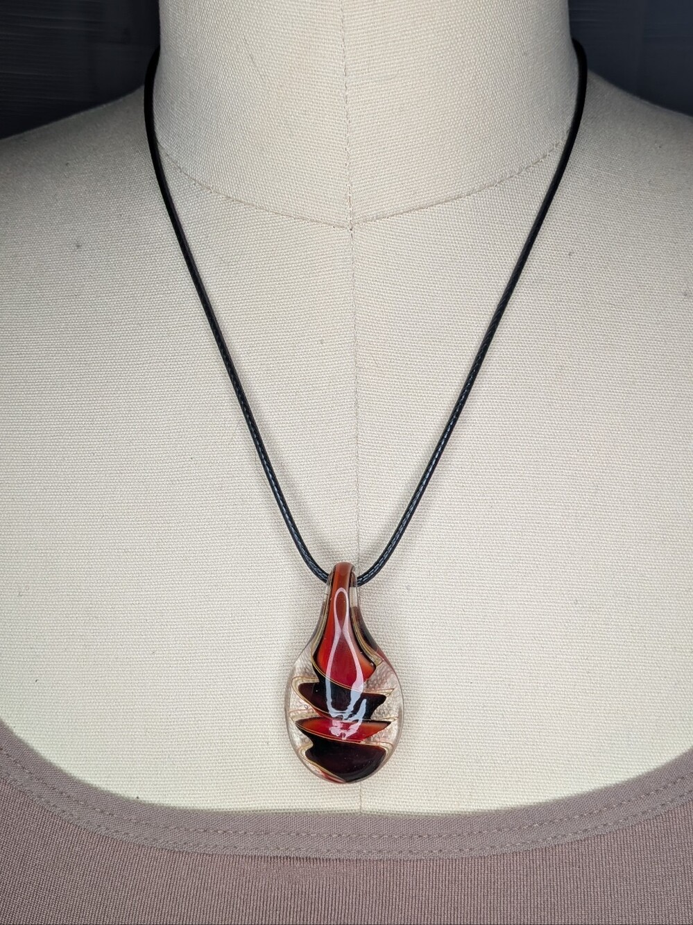 Art Glass Teardrop Pendant Necklace Red Black Ribbon Swirl Lampwork Studio